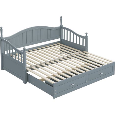 Lit gigogne multifonction 90x190 cm en bois gris avec tiroirs et sommier à lattes (1/5)