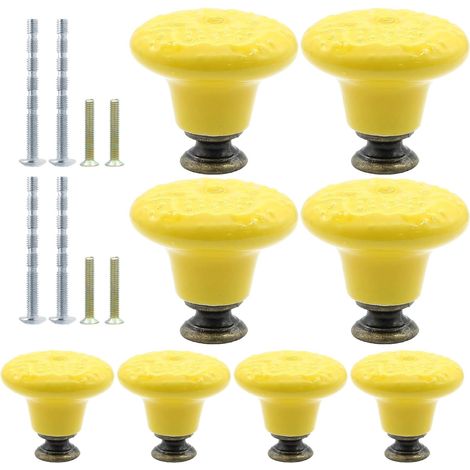 Lot de 8 boutons de porte en céramique jaune vintage pour placard de cuisine, commode rétro en céramique, poignées décoratives pour placard, placard, porte de meubles - 3,3 cm (1/5)