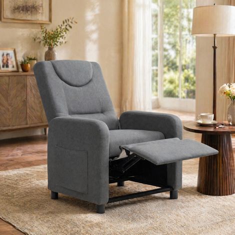 Poltrona relax reclinabile in lino grigio scuro con poggiapiedi ribaltabile (1/5)