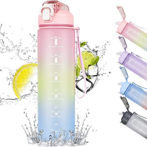 Bouteille À Eau - 1 L - Avec Paille Et Marqueur Horaires - Bouchon Sans BPA - Pour Sport Gym Bureau Camping Course (1/5)
