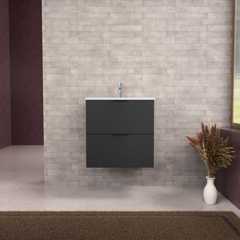 Inda - Badezimmerschrank B.60 mit mattiertem Waschbecken / Mattschwarz 2 Schubladen - Topazio