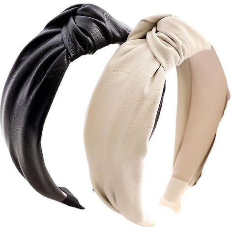 Lot de 2 bandeaux en cuir PU à nœud croisé, bandeau à nœud haut en PU, cadeau mère-fille, accessoire pour cheveux pour filles et femmes (ensemble en cuir PU) noir et (1/5)