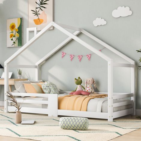 Kinderbett 90/200 cm weiß aus Kiefernholz mit Rausfallschutz (1/5)