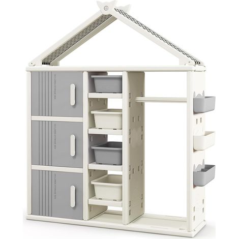 GOPLUS Armoire à Vêtements Enfant, Armoire de Rangement en Forme de Maison, avec Barre de Suspension, 3 Fentes Supérieures, 3 Paniers Réglables en Hauteur, pour Chambre d'enfant (Gris) (1/5)