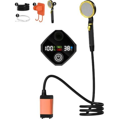 Pompe de douche électrique portable rechargeable (Orange 7800 mAh) pour camping en extérieur avec affichage numérique intelligent