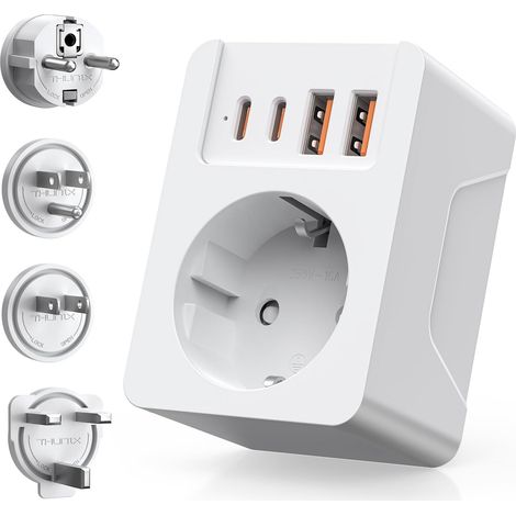 Adaptateur Prise Universelle, Connecteur de Voyage avec USB C (PD 20W), Adaptateur International avec 4 fiches de Voyage détachables Prise pour UK/Anglaise/USA/Chine/Japon/EU (Blanc) (1/5)