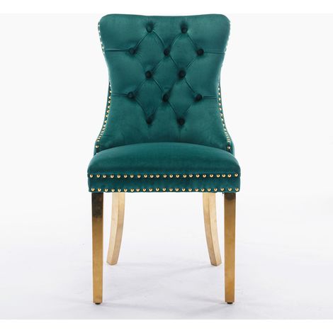 Collection Nikki : 2 chaises de salle à manger haut de gamme velours,bois massif touffé,pieds acier inoxydable doré,cloutées,vert.