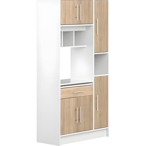 M&S – Desserte de cuisine blanche et chêne – Dimensions 88 x 40 x 180 cm – 6 portes et 4 niches ouvertes – Pour micro-ondes et rangement (1/5)