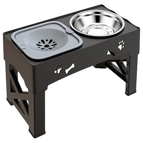 Dispensador de comida para mascotas, altura ajustable, doble recipiente, GRIS (1/2)