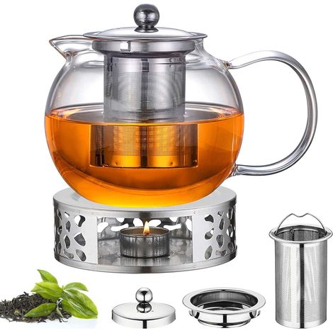 Théière de 1,3 l avec infuseur et couvercle, théière en verre borosilicate, théière en verre avec infuseur et réchaud amovibles, théière en verre pour thé en vrac, thé aux fruits, thé parfumé (1/5)