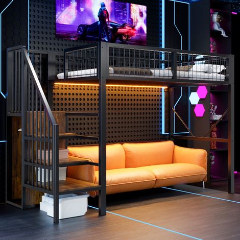 Lit mezzanine 90 x 200 cm - éclairage led - barrière de sécurité - métal et bois - mobilier de chambre adulte - style moderne - noir (1/5)
