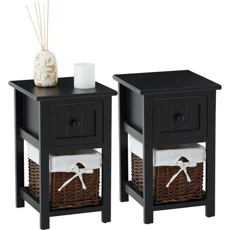 Idimex – Lot de 2 tables de chevet en bois de paulownia lasuré noir – 1 tiroir et panier en osier – Style campagne – Dimensions 46x28x31 cm