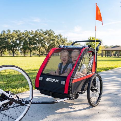 Remorque vélo enfant 2-en-1, poussette cycliste bébé biplace, guidon ajustable, frein manuel, harnais de sécurité, rouge (1/5)