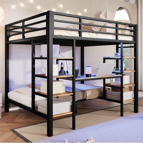 Letto a castello 90x200/140x200 cm in metallo e MDF nero con LED e ripiani – MEUBLIV (1/5)