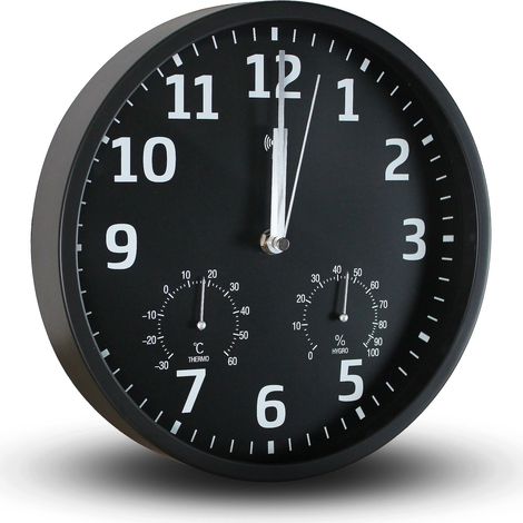 Horloge Murale FISHTEC Radiopilotée Hygromètre Thermomètre Chiffres Blancs Fond Noir Lecture Facile  Longueur : 114 caractères (1/5)