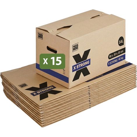 Pack and Move - Lot de 15 Cartons Déménagement X Strong - 60 x 30 x 30 cm - Charge 40 kg - Extrême Résistance - Grande Capacité