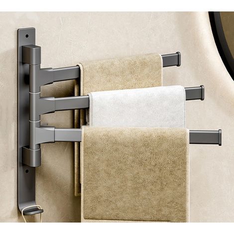 Porte-serviettes pivotant à 3 bras, épais et doté d\'un crochet, gain de place, fixation murale - Gris (1/5)