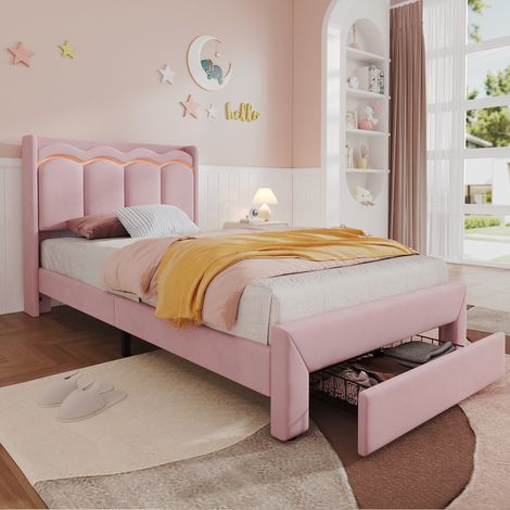 Cama infantil con cajón 90 x 200 cm - cabecero ondulado, estante de almacenamiento, iluminación LED inteligente, estilo moderno, terciopelo, rosa (1/5)