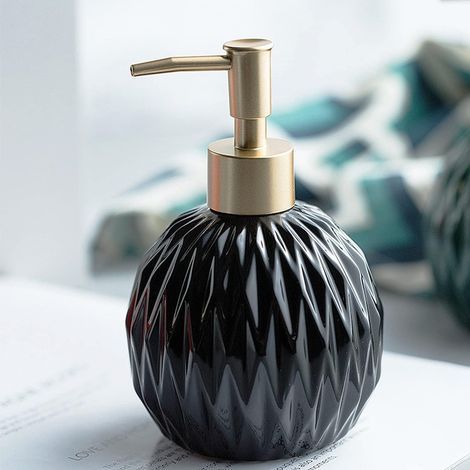 Distributeur de savon doré en céramique pour salle de bain, distributeur de savon en relief pour évier de cuisine, 400 ml, distributeur de savon liquide pour les mains avec pompe dorée (noir) (1/4)