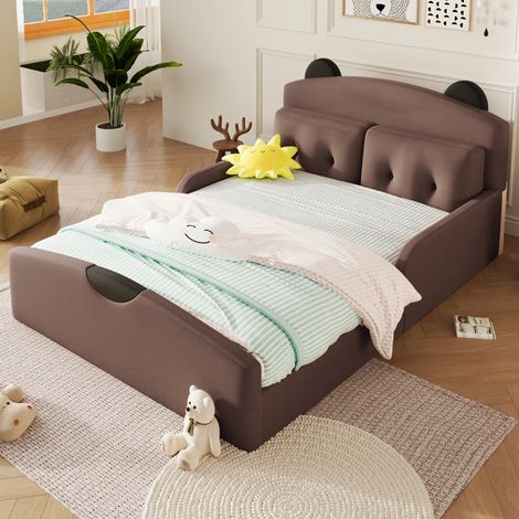 Etagenbett 140/200 cm con tapizado de lino, cabecero de oso y 2 cojines decorativos (1/5)