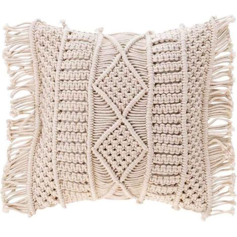 Coussin Déco à Franges "Macralina" 40x40cm Beige (1/3)