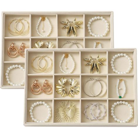 Grand plateau à bijoux en velours, lot de 2, empilable, avec 12 compartiments pour ranger boucles d'oreilles, bracelets, colliers et bagues, beige. (1/5)
