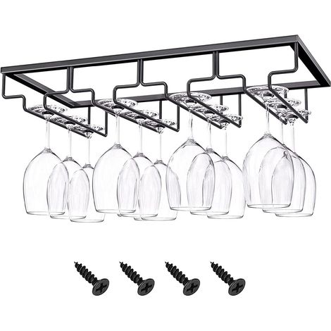 Support à Verre à Vin, Porte-verres à vin en métal, Porte-Verres à Pied Suspendu Support, Porte-Verres, avec Vis de Montage, 4 Rangées de Grande Capacité, pour Bar Cuisine, 40 x 22,5 x 6cm(Noir) (1/5)