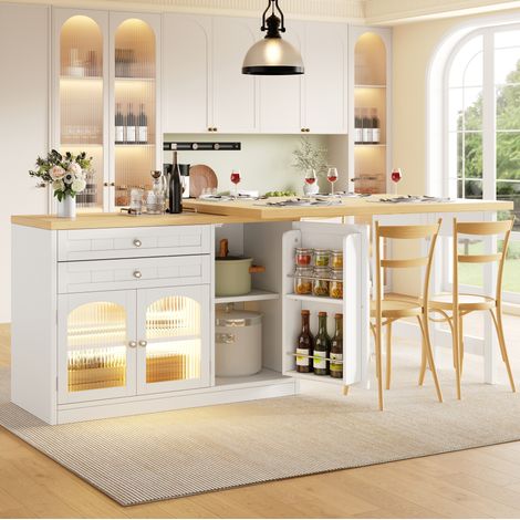 Table de bar Îlot central extensible 120-194 cm avec plateau rotatif 360°, table de cuisine avec rangements, MDF blanc (1/5)