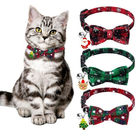Lot de 6 colliers de Noël pour chats, doux et réglables Flocons, nœud papillon, clochette, fermeture rapide, costume chat et chien. (1/5)