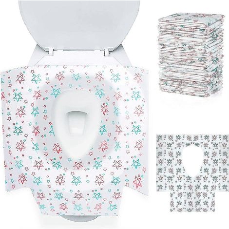 Lot de 24 abattants de toilettes jetables, housses de siège de toilette portables, dimensions 65 x 60 cm, emballées individuellement, antidérapantes, pour adultes et enfants. (1/5)