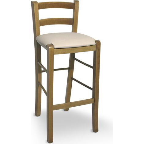 Hocker aus hellem Nussbaumholz mit Rückenlehne h 66 cm mit Sitzfläche aus Kunstleder beige