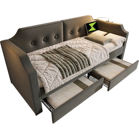 Lit capitonné banquette 90x200 cm, USB-C et liseuse, canapé-lit avec 2 tiroirs, cadre sommier bois, velours, gris, matelas non inclus (1/5)