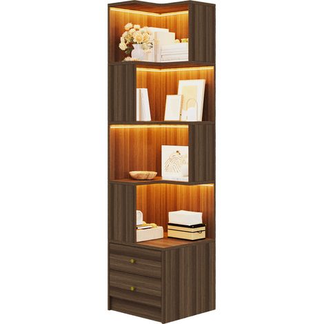 CHICFURN Estantería de esquina en L 45 x 43,5 x 180 cm de MDF marrón con LED y almacenaje (1/5)