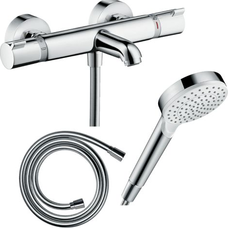 HANSGROHE Pack mezclador termostático para baño-ducha Ecostat Comfort + flexo Isiflex 160 cm + rociador Vernis Blend 100 EcoSmart 1 chorro cromado