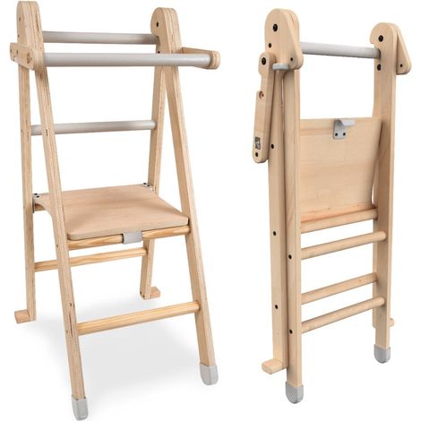 Tp Toys – Tour d'apprentissage pliable Montessori en bois FSC – Plateforme large et stable – Barre de sécurité robuste – Pieds antidérapants (1/5)