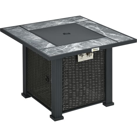 Outdoor PE Rattan Gas Fire Pit Table, Patio Square Propane Heater with Marble Desktop, Rain Cover, Glass Windscreen, and Glass Stones, 50,000 BTU, Black