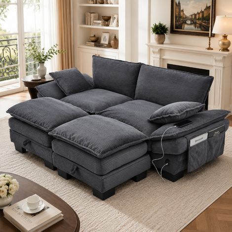 Modulares 2-Sitzer Cordsofa mit 2 Hockern und Stauraum, USB-C Anschluss & Seitentaschen, ergonomische Couch für Wohnzimmer, 190x132x84cm (1/5)