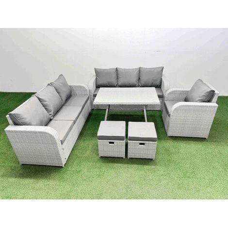 Fimous 6 Pieces Outdoor PE Rattan Garden Furniture with Cushions Reclining Chair 2 Small Stools Light Grey (1/4)