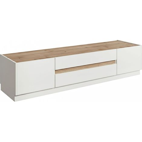 Meuble TV 2 portes 2 tiroirs laqué blanc plateau et détail façade aspect bois finition Cadiz - FANASY