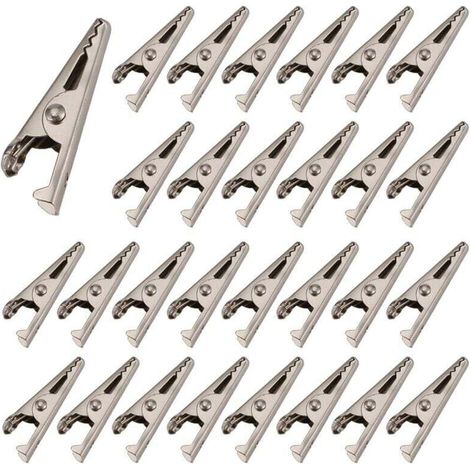 100 Pièces Pinces Crocodiles Miniatures 27mm Métal Nickel Ressort Test Électronique (1/4)