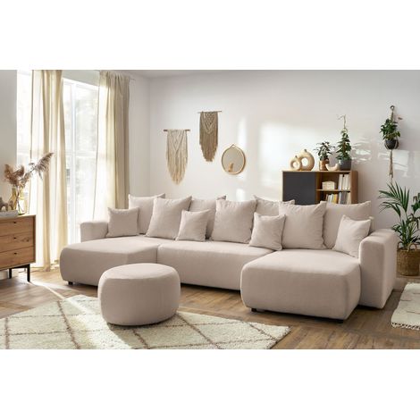BOBOCHIC - Canapé panoramique convertible coffre ENVY tissu bouclette avec pouf rond Panoramique Beige (1/5)