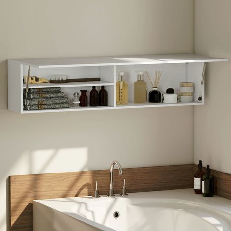 Salle de bain mobile murale avec porte amortie, 2 compartiments et tablette réglable, 120x23x30 cm, Blanc (1/5)