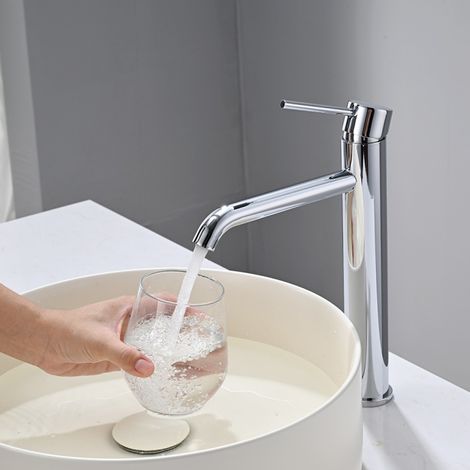 Detbom – Mitigeur de lavabo haut en acier inoxydable 304 – Finition chromée – Bec haut 204 mm – Installation mono-trou – Économie d'eau 30%