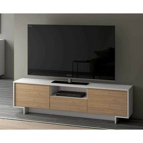 Dmora - Mueble TV Andromeda, Mueble TV para salón, Aparador bajo de salón con 2 puertas y 1 cajón, 100% Made in Italy, 170x42h48 cm, Blanco y Roble, con embalaje reforzado (1/4)