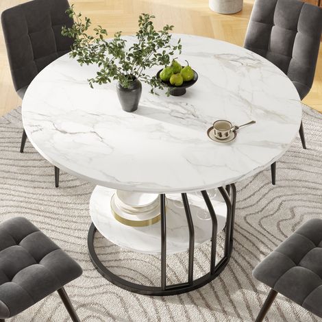 Runder Esstisch 80x80x76cm, MDF-Tischplatte in Marmoroptik mit Stauraum unter der Tischplatte, schwarz