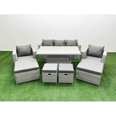 Fimous 8 PCs Rising Dining Table Set Rattan Furniture Set with 3 Seater Sofa Chair 2 Big Footstools 2 Small Footstools Light Grey (1/5)