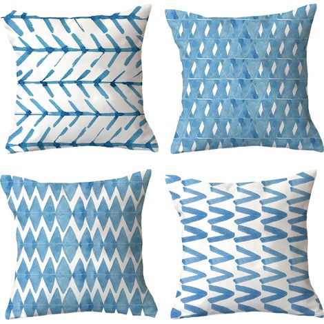 Juego de 4 fundas de cojín decorativas de lino con estampado geométrico para sofá o sala de estar, color azul aguamarina. (1/4)