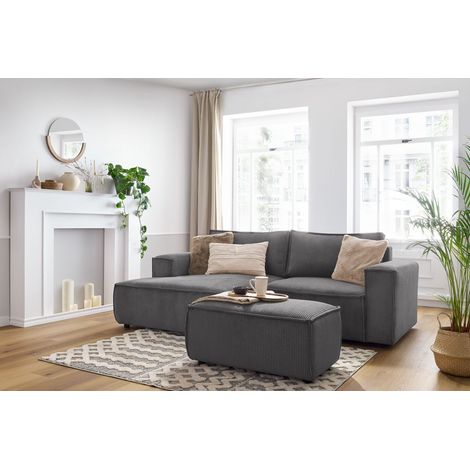 BOBOCHIC - Canapé d'angle fixe compact NIHAD velours côtelé avec pouf Angle gauche Gris foncé (1/5)