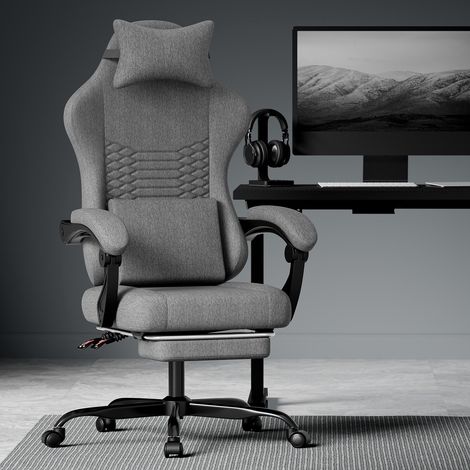 Chaise de bureau gaming en tissu, chaise gaming massante avec appui-tête, siège gaming ergonomique de type course avec repose-pieds (gris foncé)