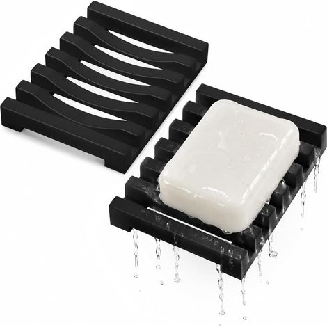 Set di 2 portasapone lunghi, in silicone nero con sistema di drenaggio automatico, design ad asciugatura rapida, per cucina, doccia e bagno (nero) (1/5)